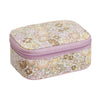 A rectangular zippered case with rounded corners, featuring a vintage floral pattern in pastel pink, yellow, and brown on a cream background, with a light purple zipper.