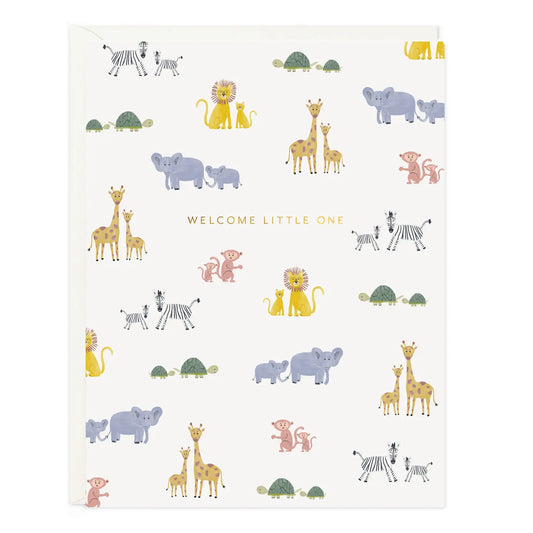 New baby card with a parade of hand-illustrated baby animals