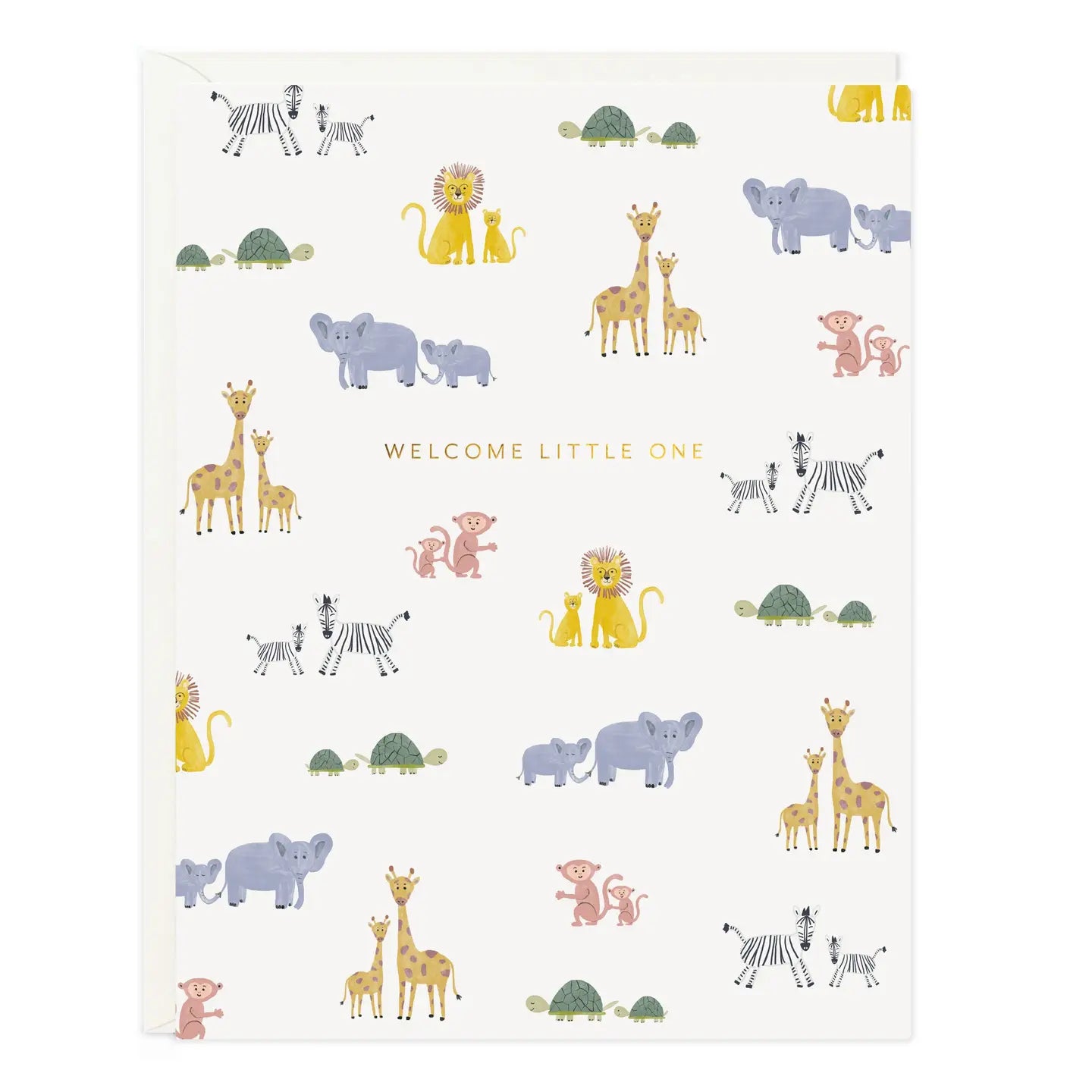 New baby card with a parade of hand-illustrated baby animals