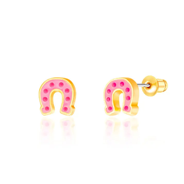 Pink horseshoe-shaped earrings with gold accents on a white background