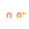 Pink horseshoe-shaped earrings with gold accents on a white background