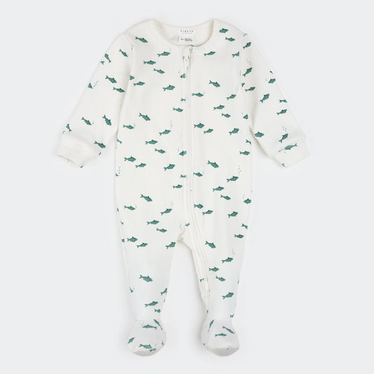 Off white ribbed footie with turquoise fish pattern