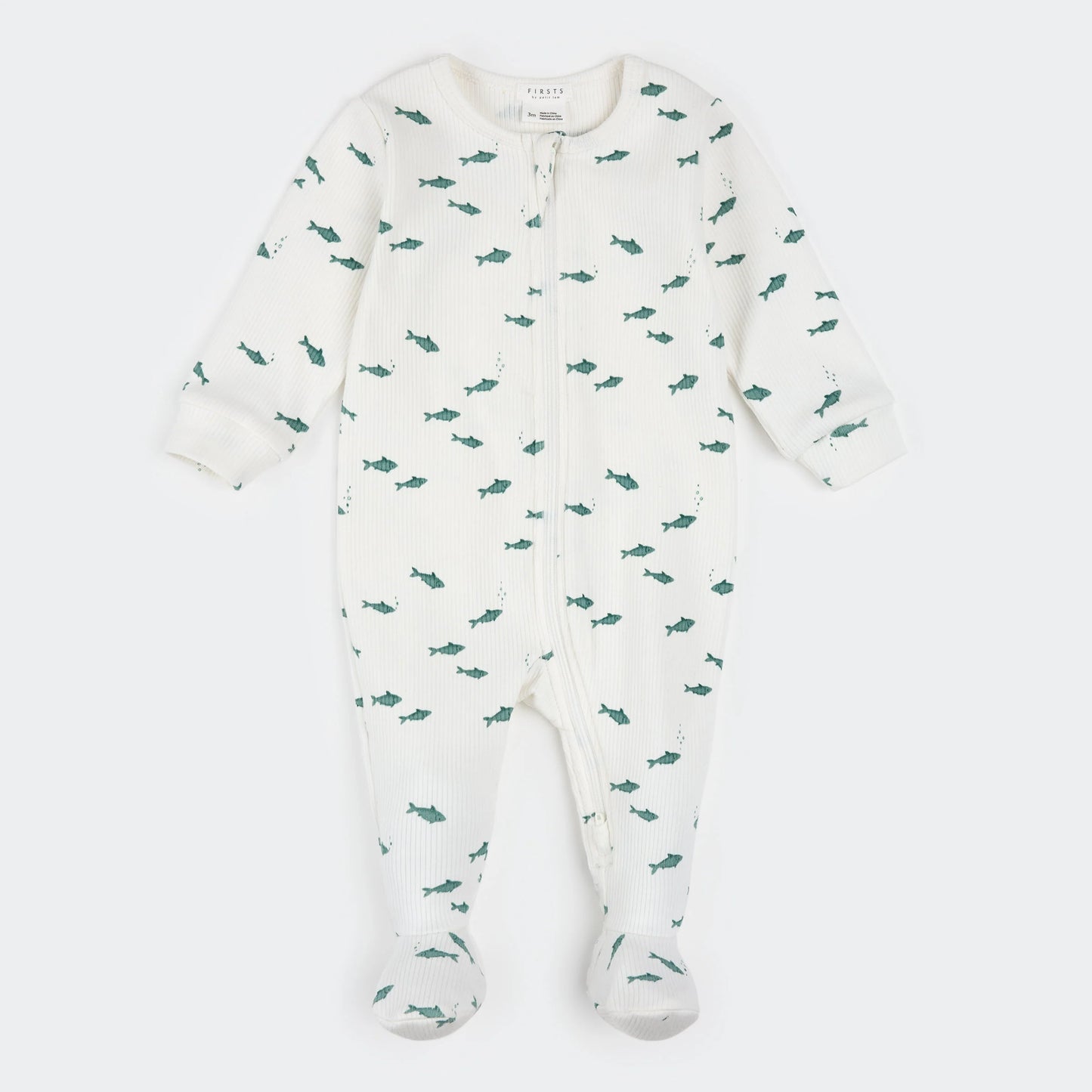 Off white ribbed footie with turquoise fish pattern