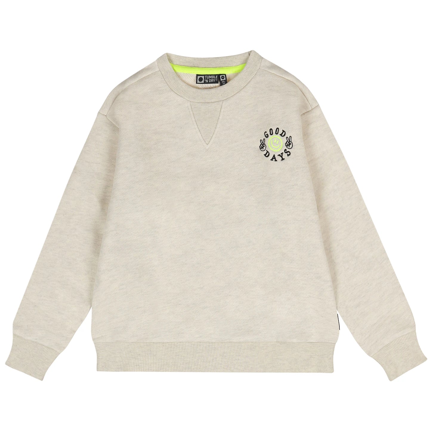 Beige sweatshirt with 'Good Days' logo on a white background