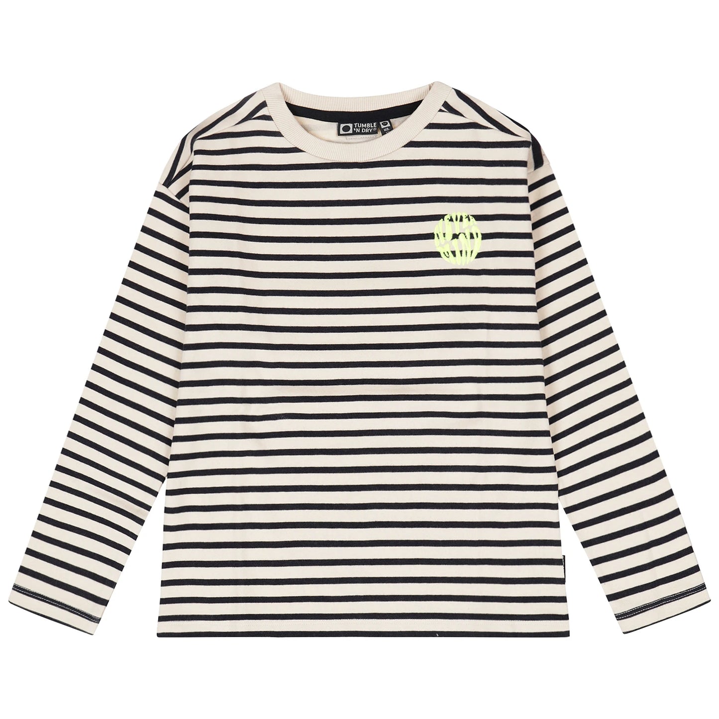 Black and white striped long-sleeve shirt with a small logo on a white background