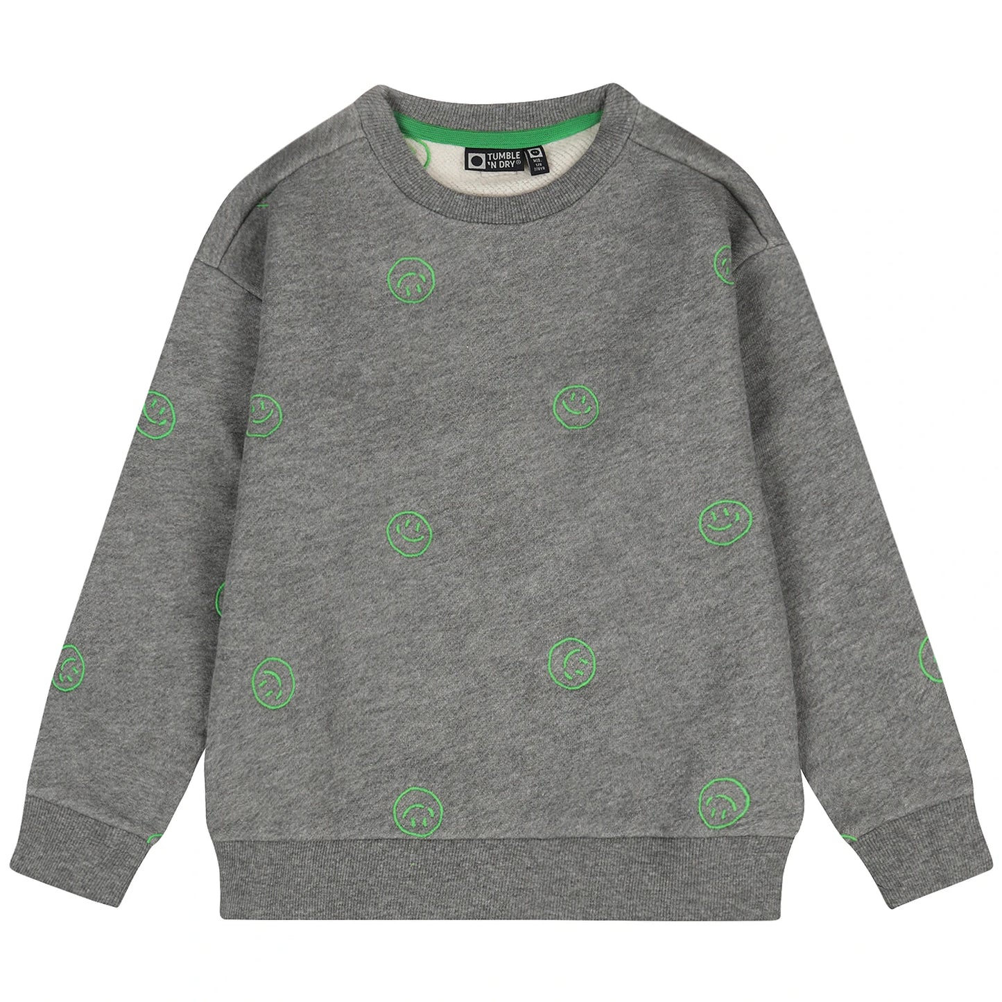 Gray sweatshirt with green patterns on a white background