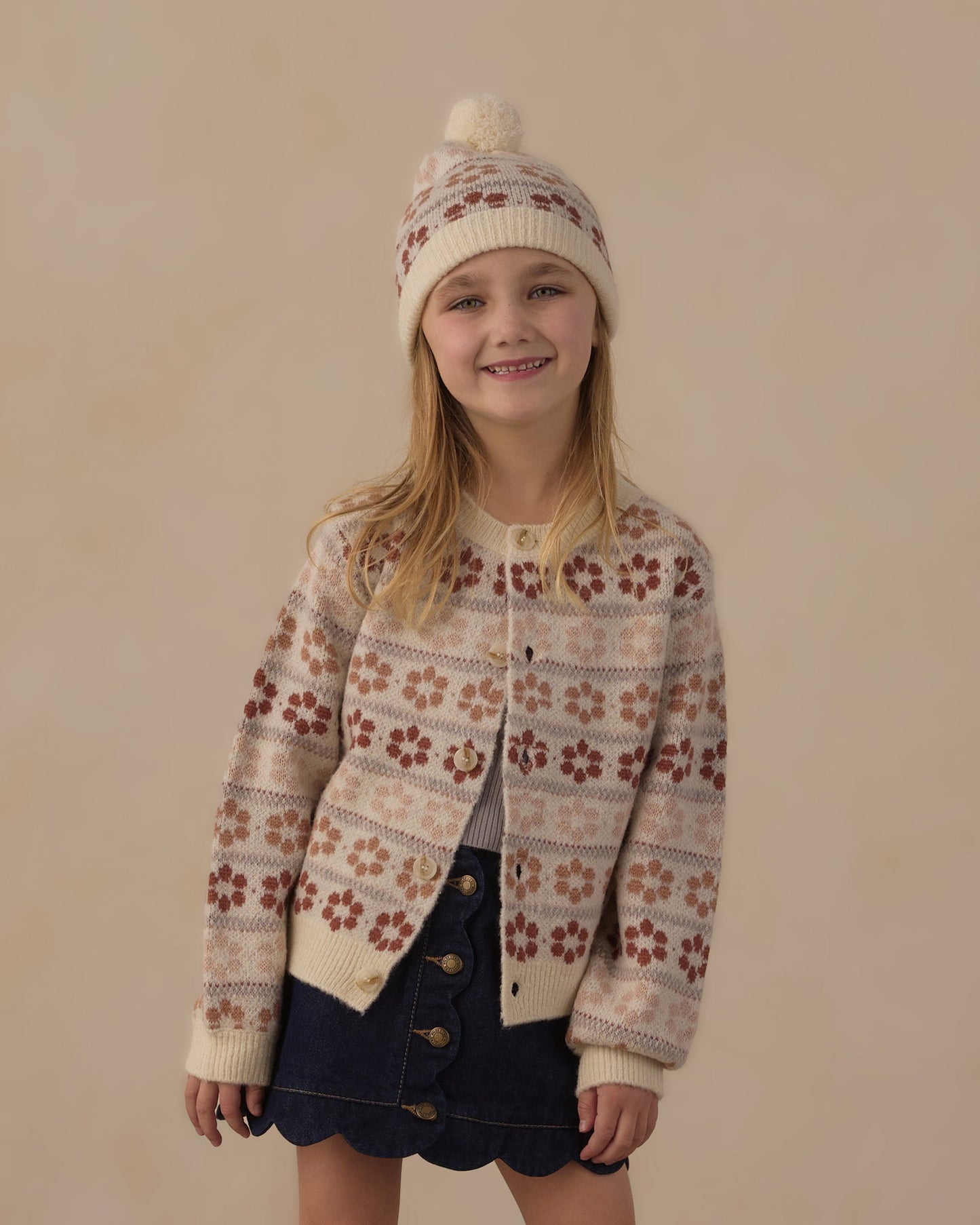 Child wearing the flower fair isle beanie
