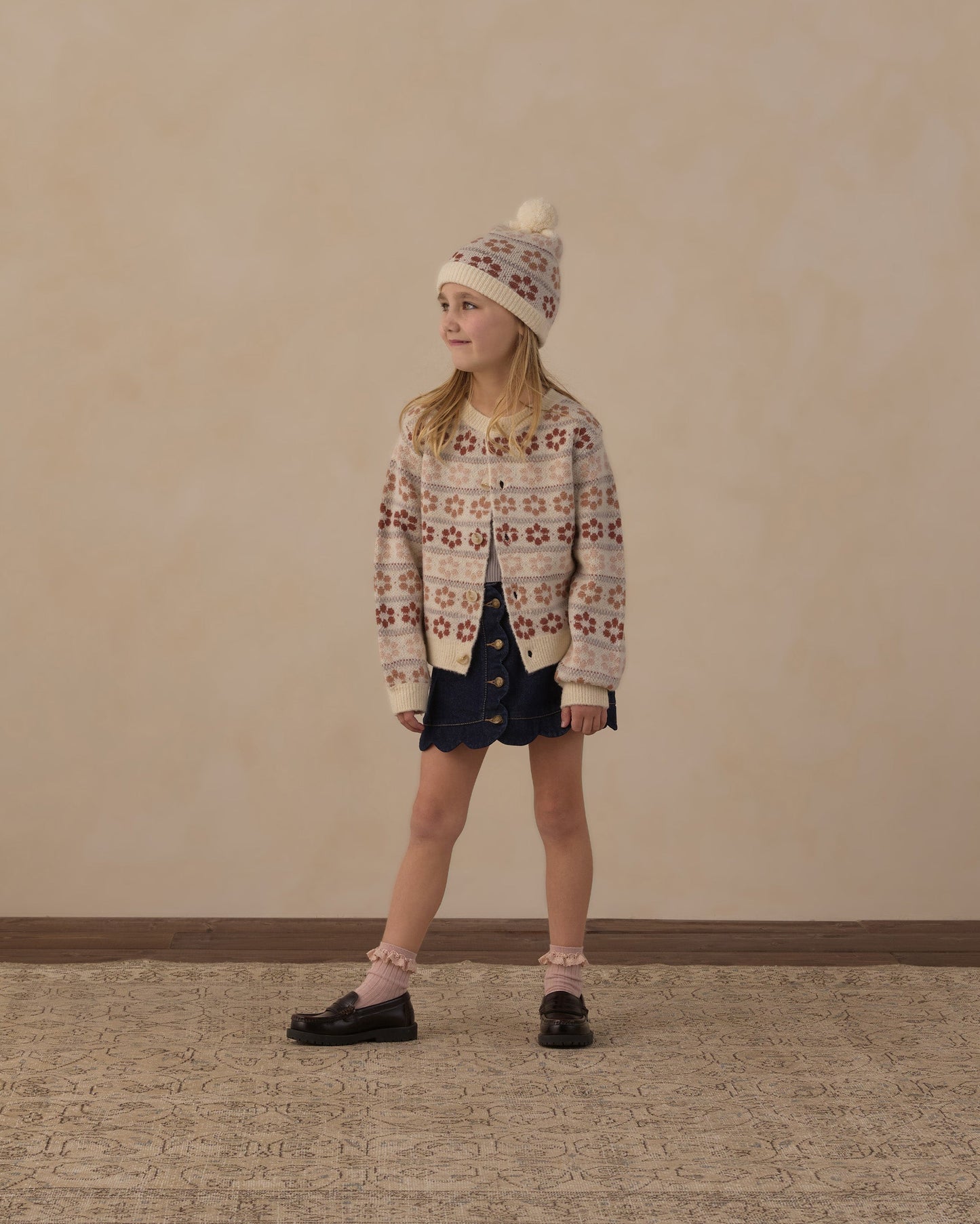 Close-up of the flower fair isle knit pattern on the beanie