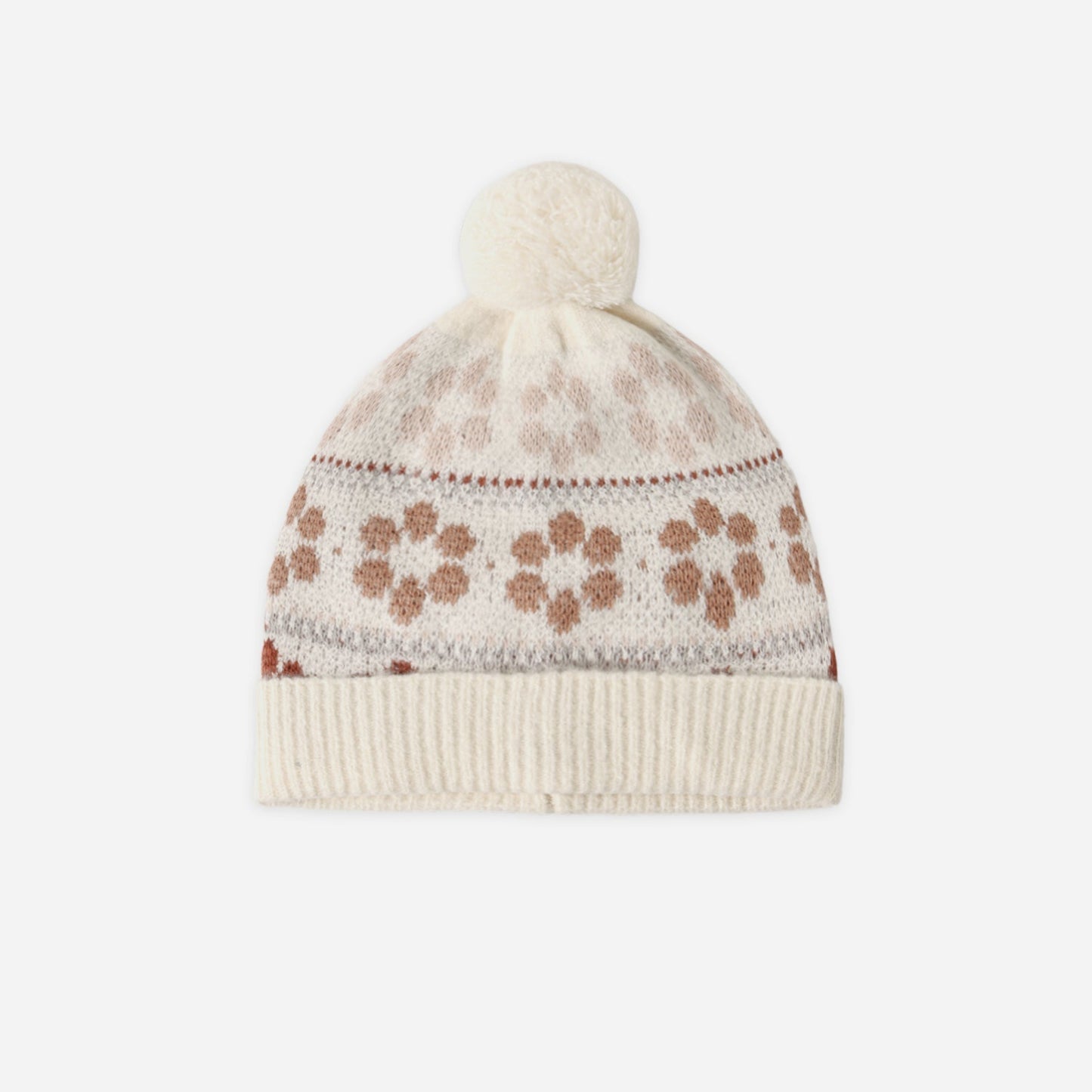 Flower fair isle knit beanie laid flat