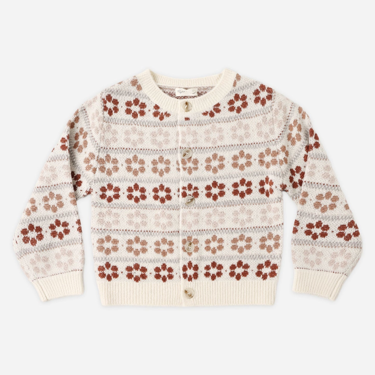 Flower fair isle knit cardigan laid flat showing marble buttons
