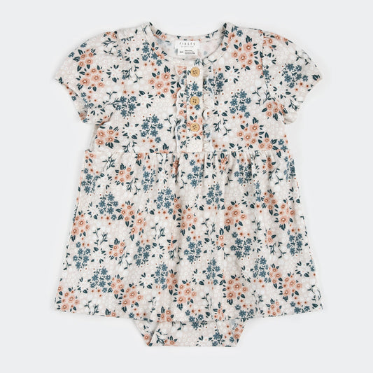 Pink and Blue flower pattern on off white dress with diaper set
