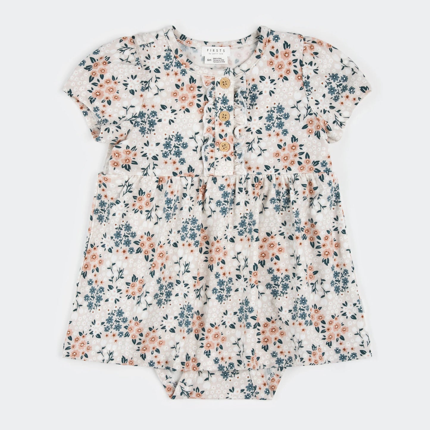 Pink and Blue flower pattern on off white dress with diaper set