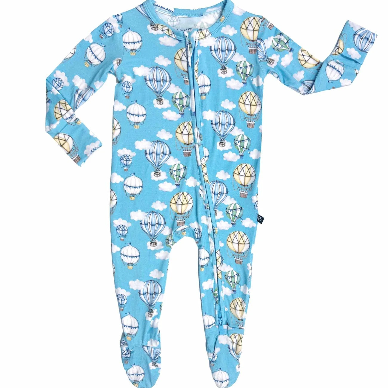 Children's onesie with hot air balloon and cloud pattern on a white background