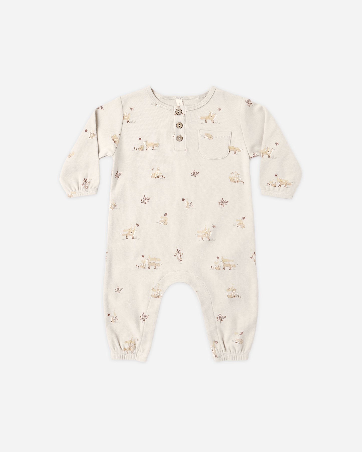 Baby wearing Quincy Mae Fox Land henley jumpsuit