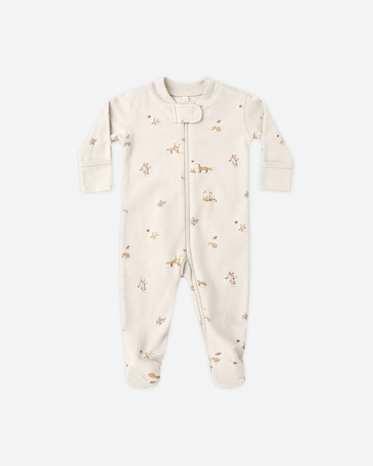 Baby wearing Quincy Mae Fox Land zip footie sleeper