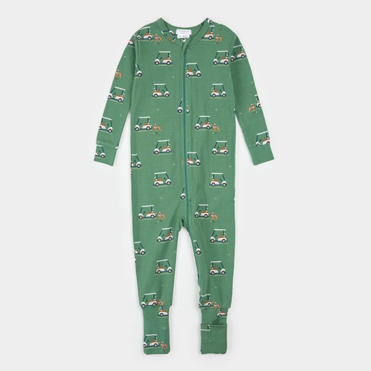Green baby footie with golf cart pattern