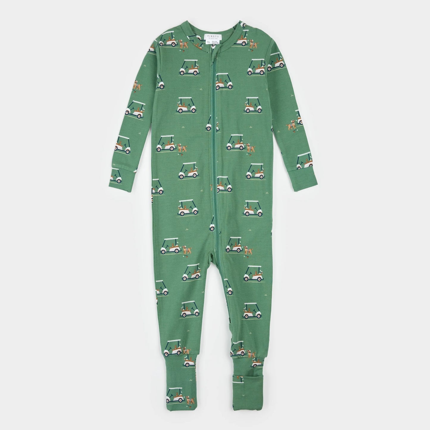 Green baby footie with golf cart pattern