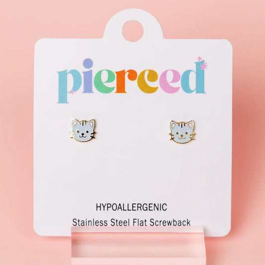 Cat-shaped earrings on a 'pierceed' branded card with a pink background