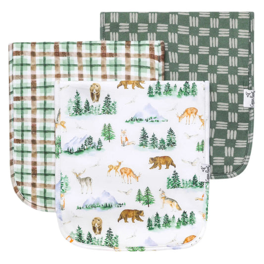 Three baby burp blankets with forest and plaid patterns