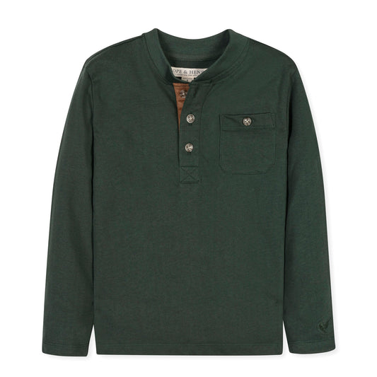 Boys Green Heather Organic Henley Pocket Tee by Hope & Henry, front view