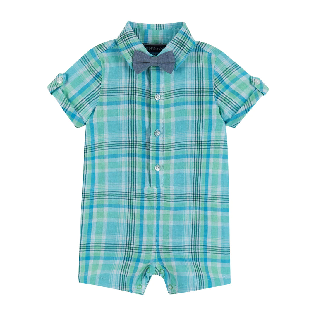 Green Plaid Romper with Bowtie 130 BABY BOYS/NEUTRAL APPAREL Andy & Evan 3-6m 