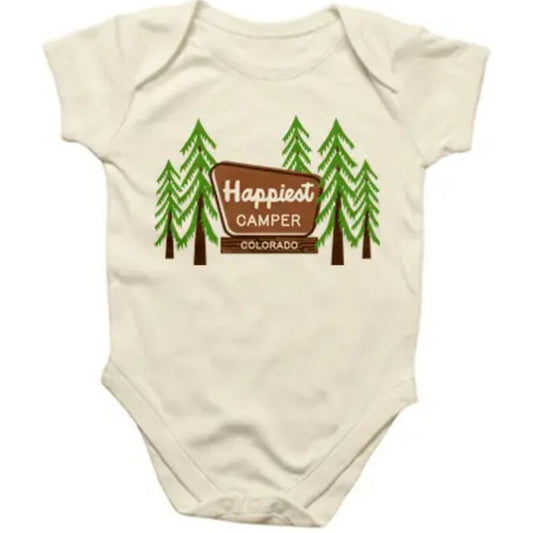 Beige baby onesie with 'Happiest Camper Colorado' design