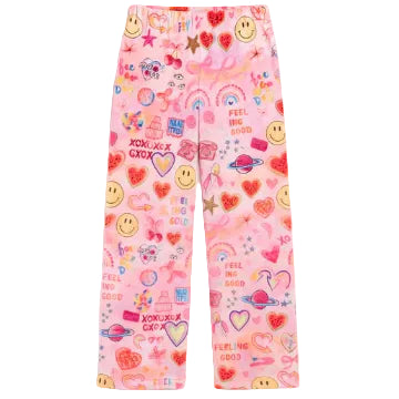 Colorful pajama pants with smiley faces, hearts, and text 