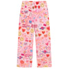 Colorful pajama pants with smiley faces, hearts, and text 