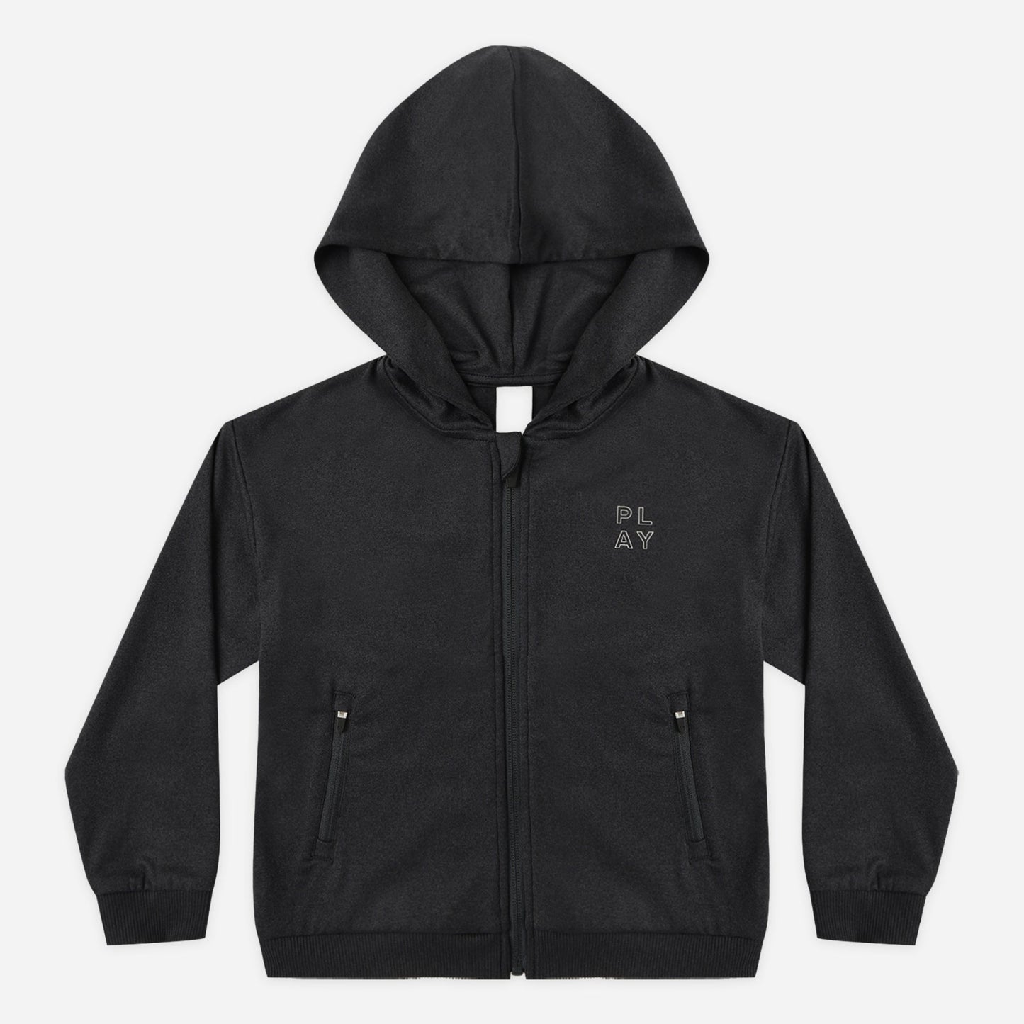 Child wearing the Heather Black Tech Hoodie, a zip-up hoodie with front pockets