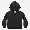 Child wearing the Heather Black Tech Hoodie, a zip-up hoodie with front pockets