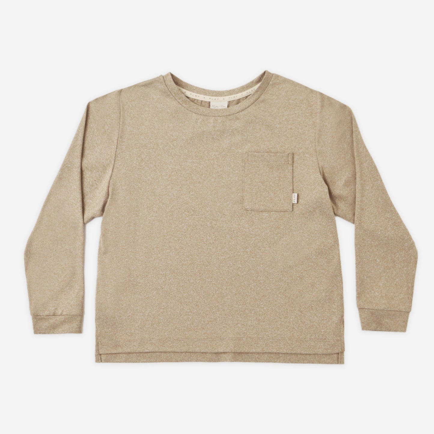 Child wearing the Heather Olive Pocket Tee, a long sleeve olive tee with a chest pocket
