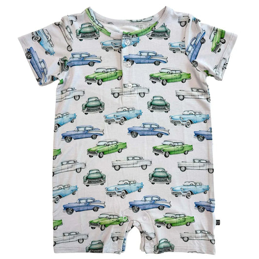 Short-sleeve romper with vintage car pattern on a white background