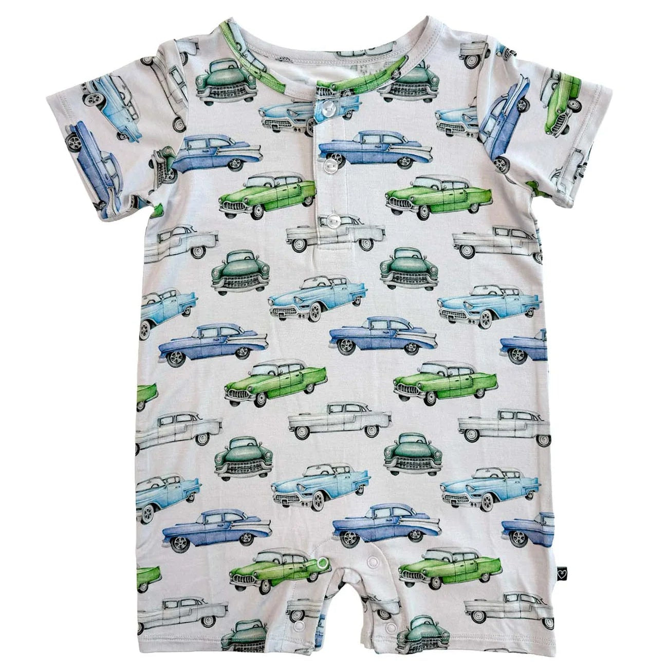 Short-sleeve romper with vintage car pattern on a white background