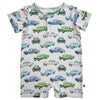 Short-sleeve romper with vintage car pattern on a white background