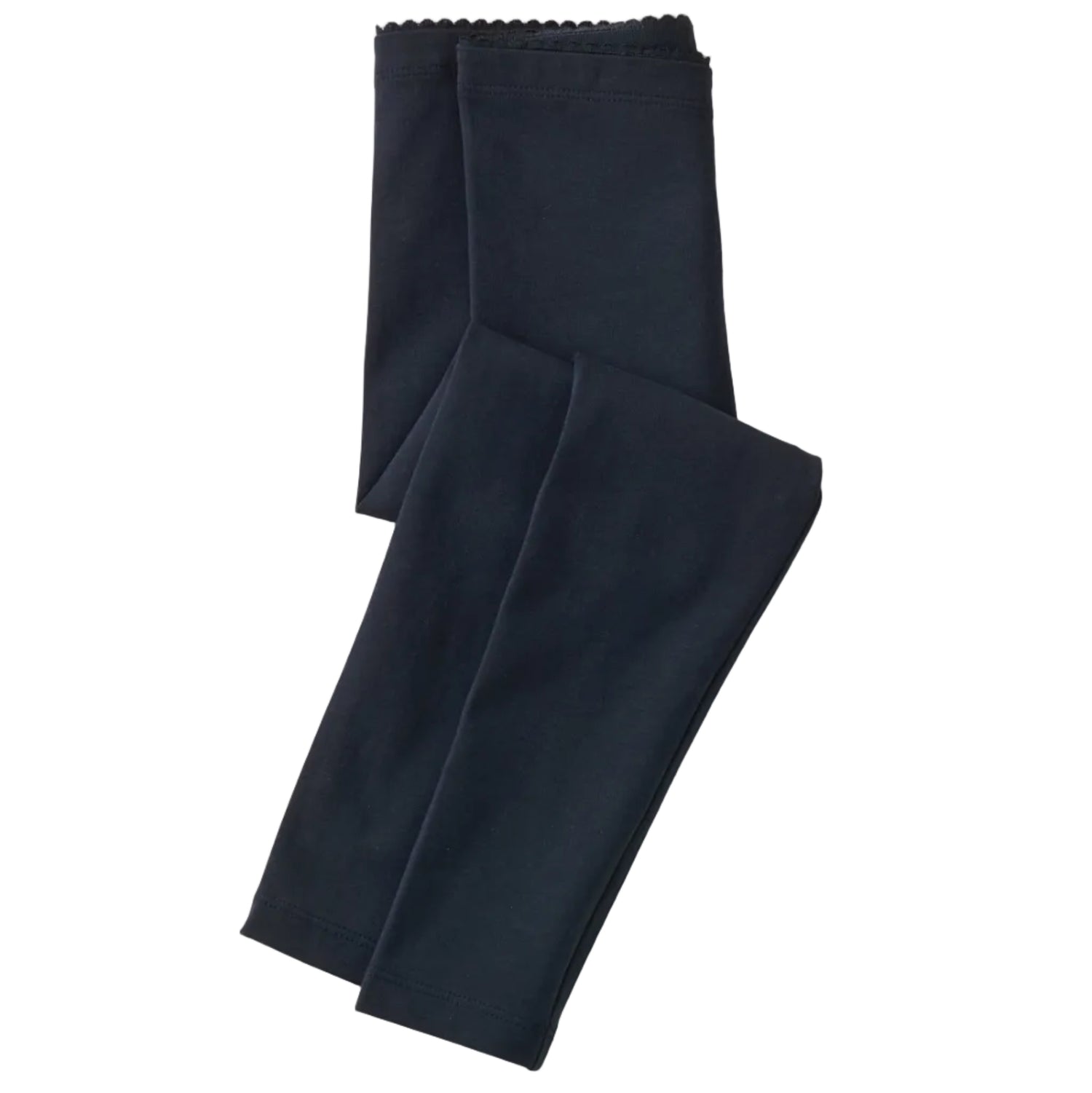 A pair of navy blue skinny leggings with a visible elastic waistband.