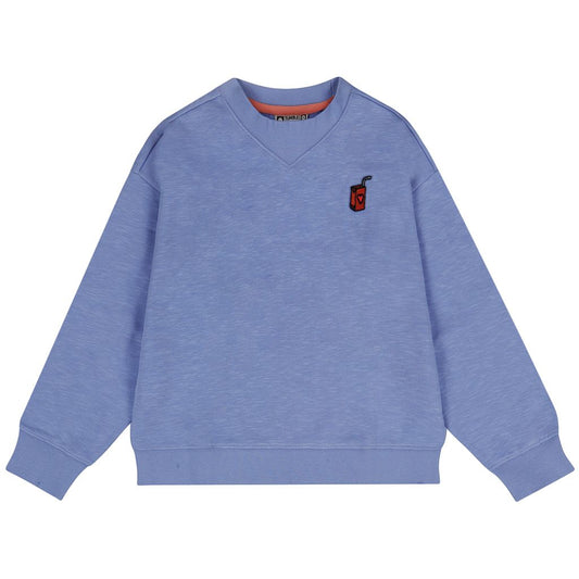 Blue sweatshirt with a small red logo on a white background