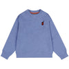 Blue sweatshirt with a small red logo on a white background