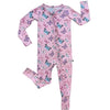 Pink ruffle convertible zip romper with butterfly pattern
