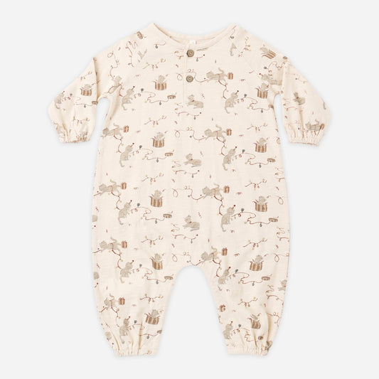 Rylee and Cru Kitties Henley Romper, a cotton baby bubble romper with an all-over cat print