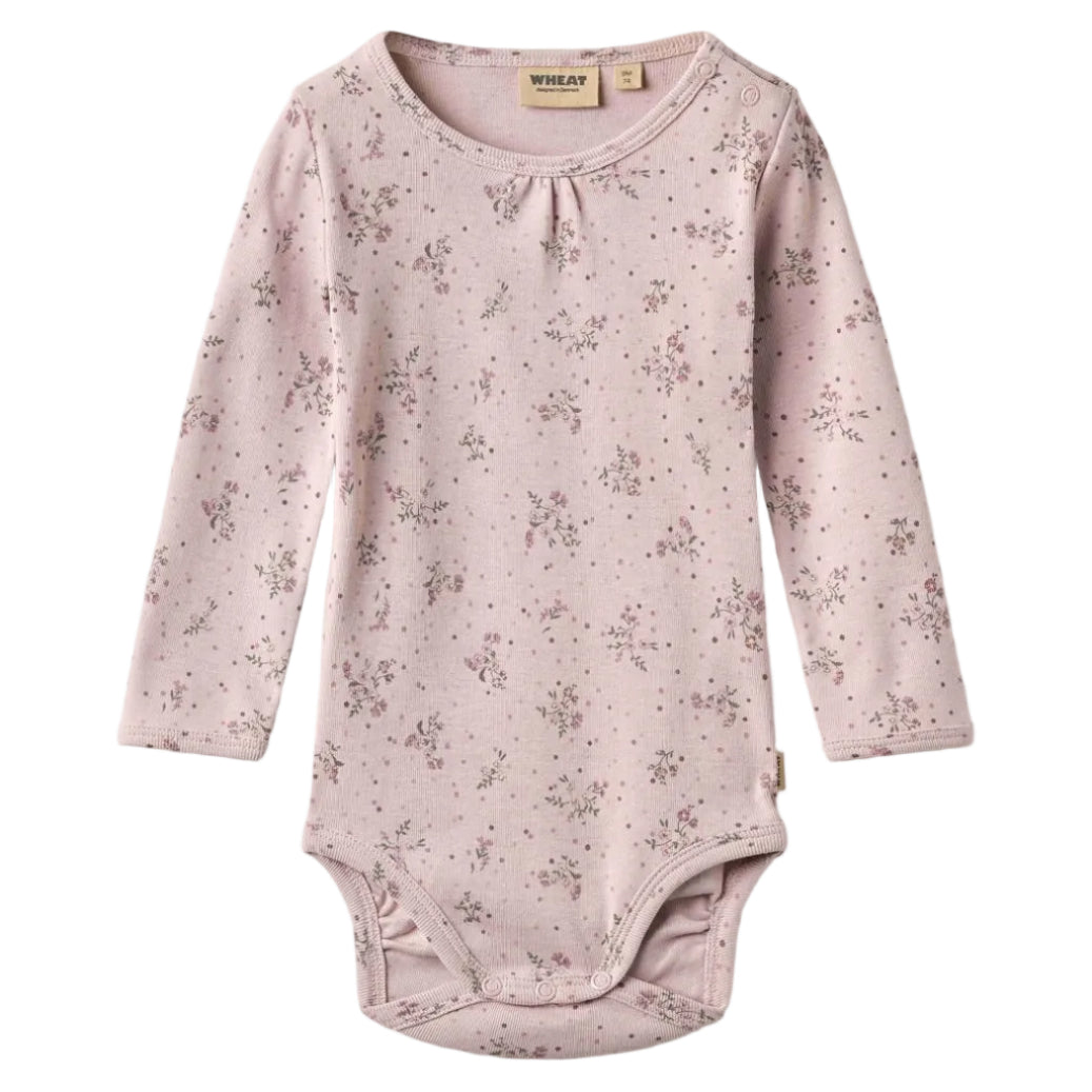 Lilac floral long-sleeve bodysuit for baby on a white background