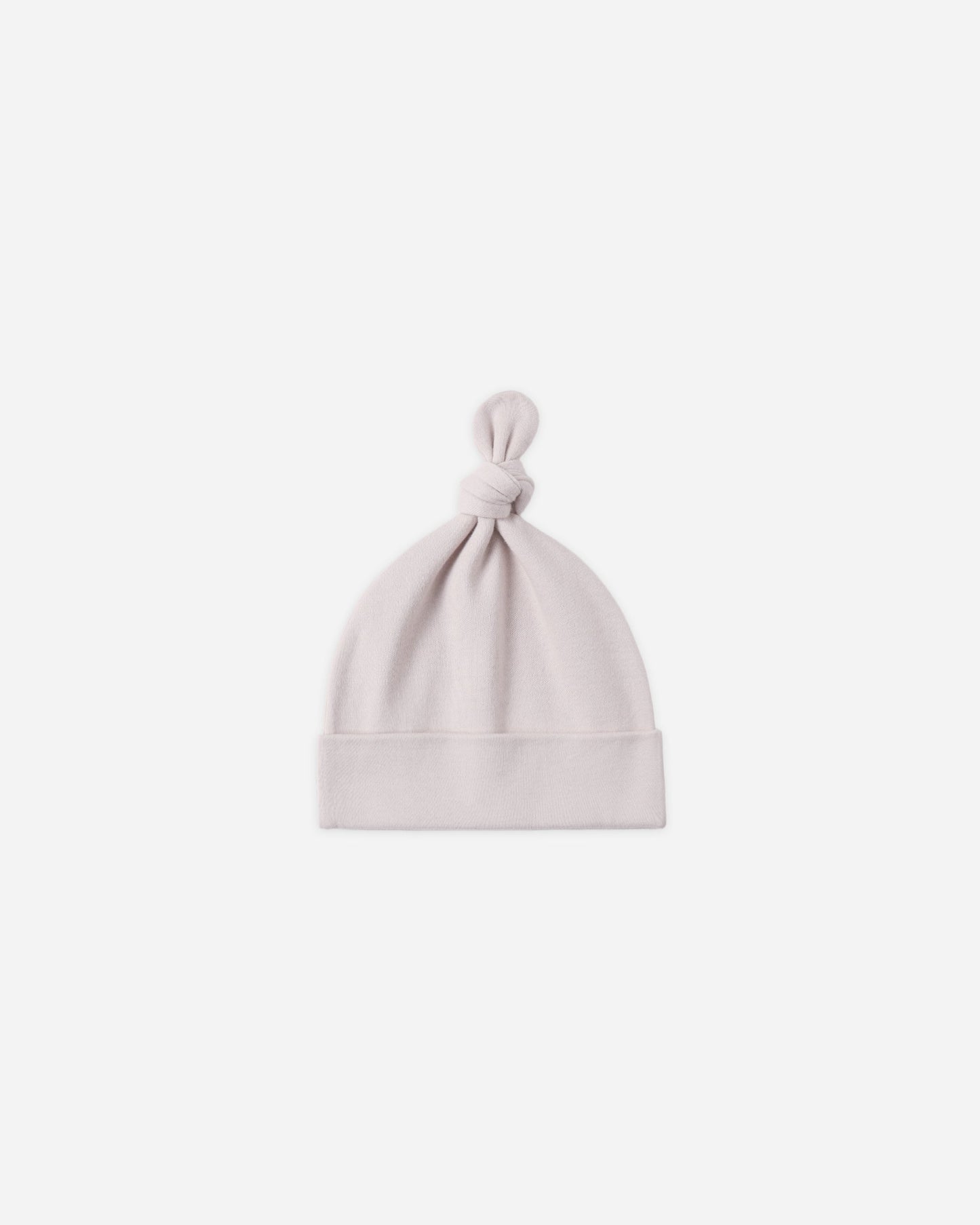 Baby wearing Quincy Mae Lilac Mist knotted baby hat