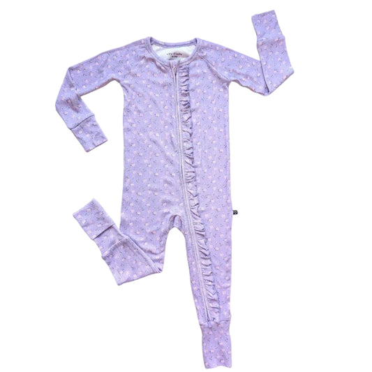 Lilac purple ruffle convertible romper wity pink flower all over print