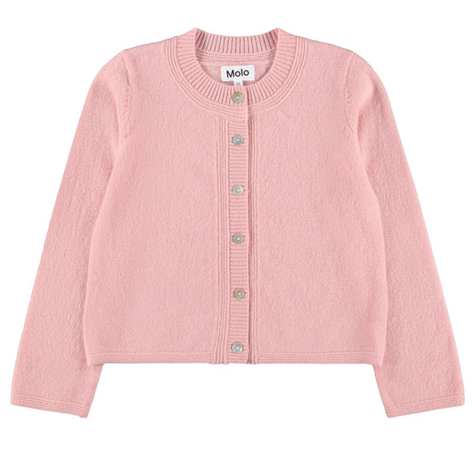 Pink cardigan with button details on a white background