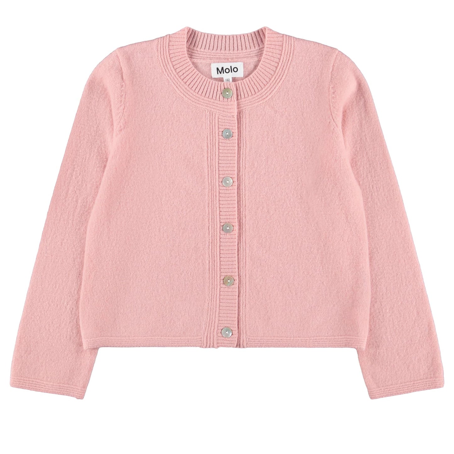 Pink cardigan with button details on a white background