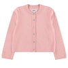 Pink cardigan with button details on a white background