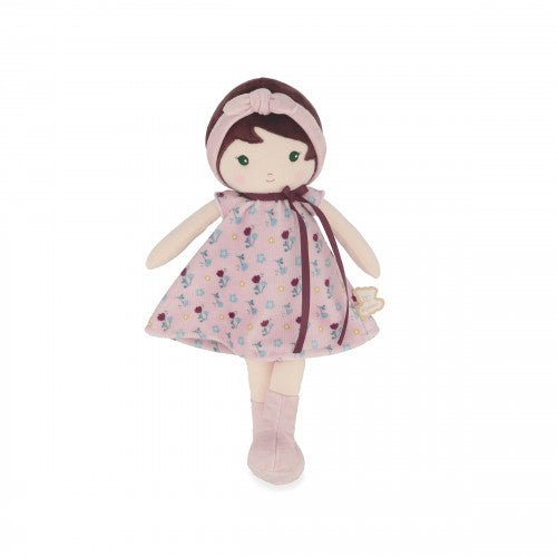 Stuffed doll with a floral dress and bonnet on a white background
