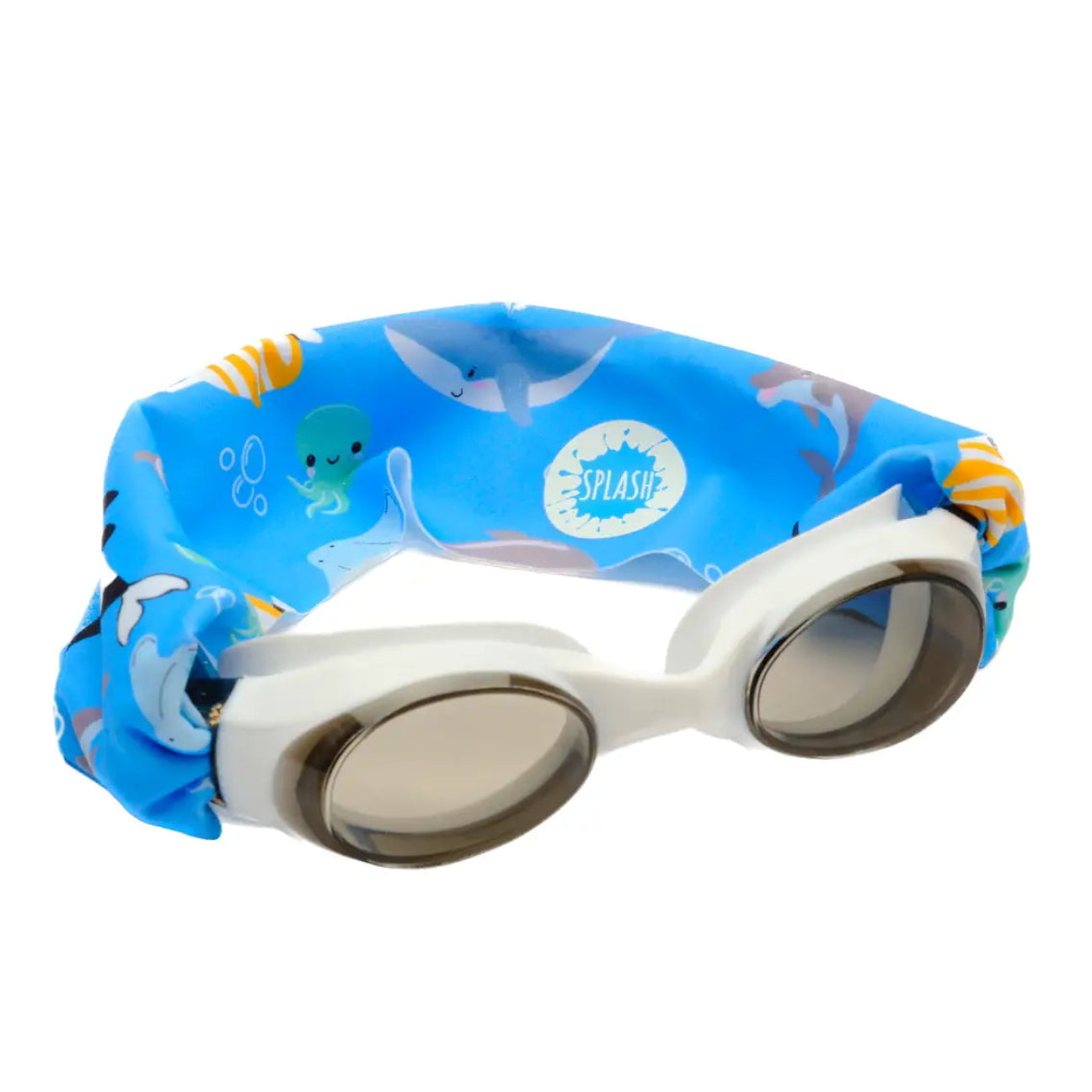 Children's swim goggles with a blue patterned case on a white background