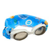Children's swim goggles with a blue patterned case on a white background