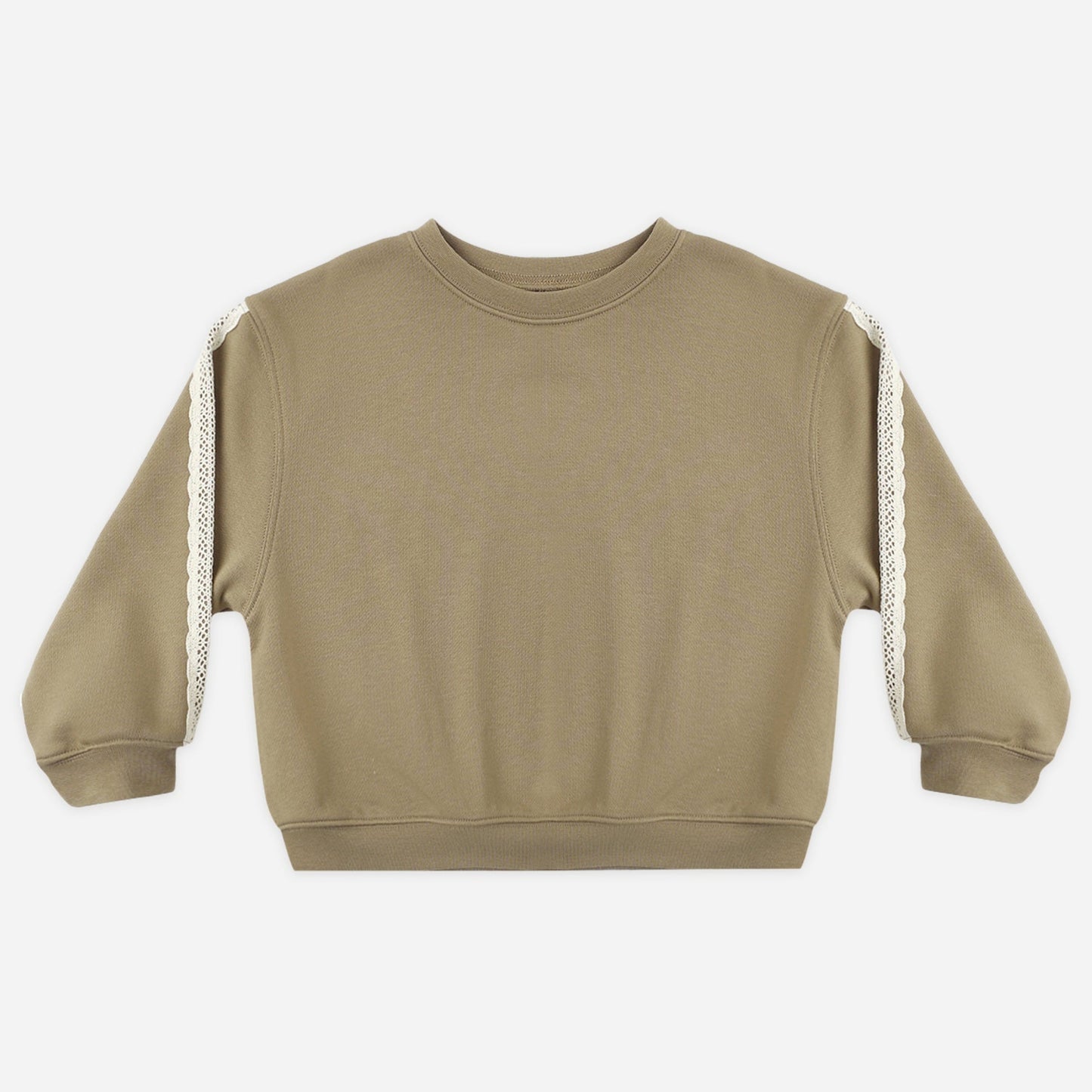 Olive terry oversized crewneck sweatshirt with lace trim detail laid flat