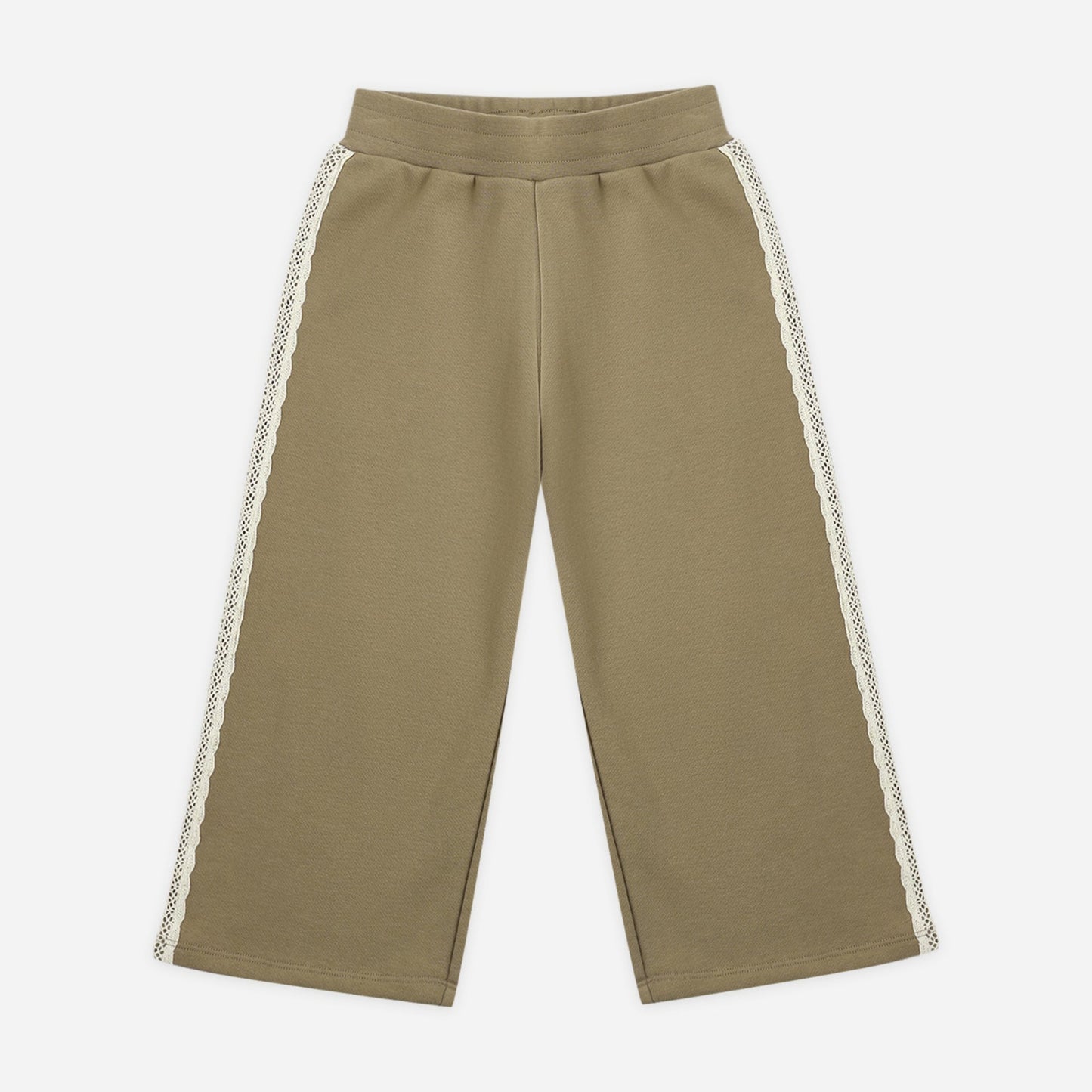 Olive terry wide-leg sweatpant with lace trim laid flat